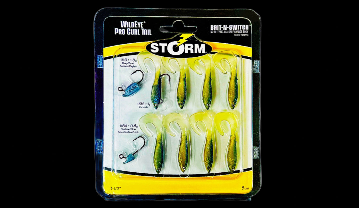 change fishing lures fast 1.5in STORM Wildeye Pro Curl Tail Bait-N-Switch Minnow Jigs – ProAngler Tackle