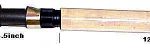 A wooden bat with a black handle.