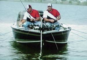 Two men in a boat on the water